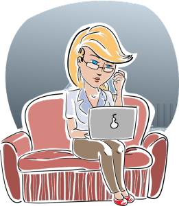 Woman with laptop on sofa, cartoon